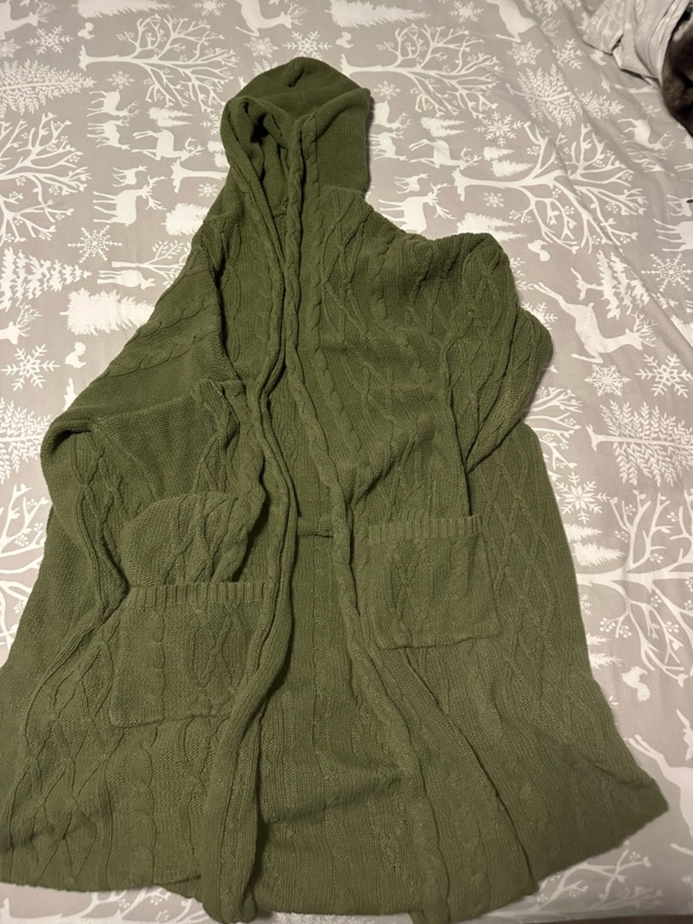 Olive Green Hooded Cable-Knit Cardigan Sweater